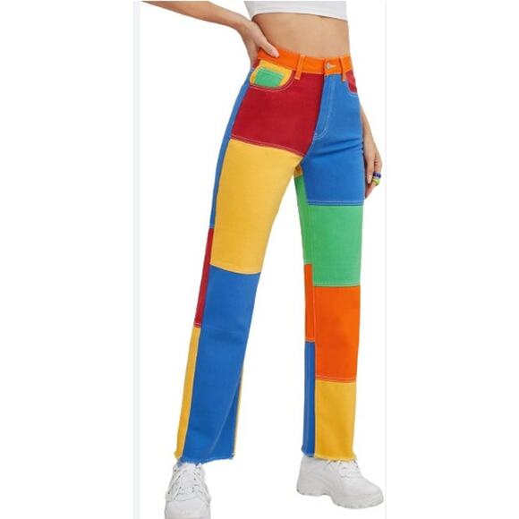 Color Block Jeans Womens X-Small Raw Hem Multi-Colored Patchwork Funky Fun Jeans - Picture 2 of 10